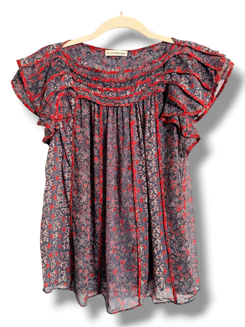 Ulla Johnson Red and Navy Floral Ruffle Cap-Sleeve Top - Picture 1 of 7